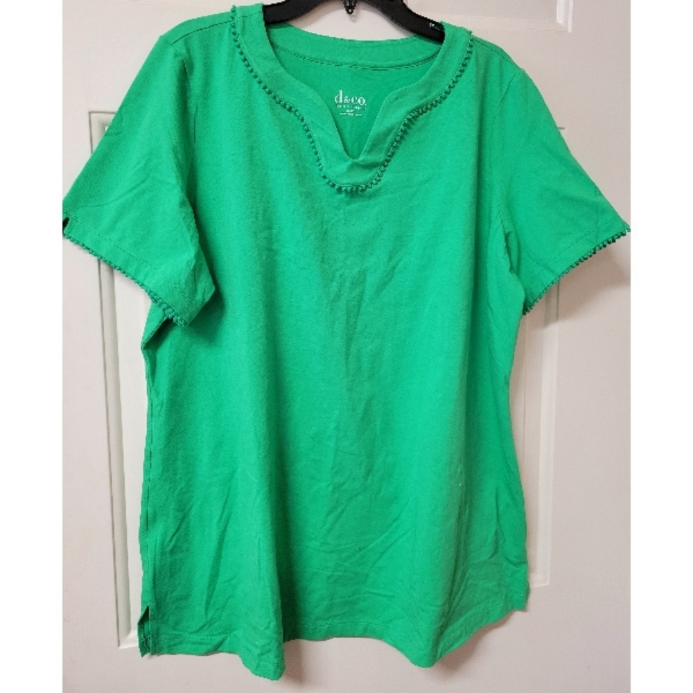 Denim & Co D&Co Green V Neck Tunic Top Tee T Shirt Cute Trim  XL Extra Large